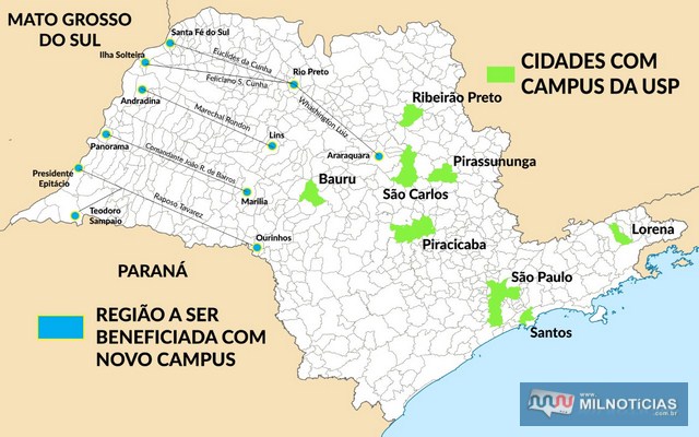 Mapa ilustrativo com cidades que atualmente contam com Campus da USP no Estado e região a ser beneficiada com nova universidade. Foto: DIVULGAÇÃO