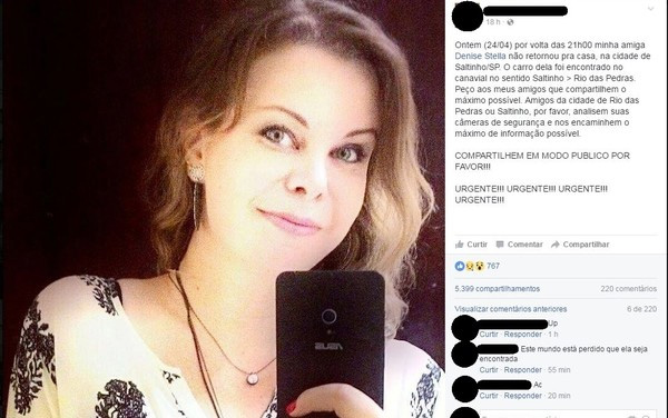Mulher de 31 anos desaparecida em Saltinho mobilizou amigos nas redes sociais (Foto: Reprodução/Facebook).