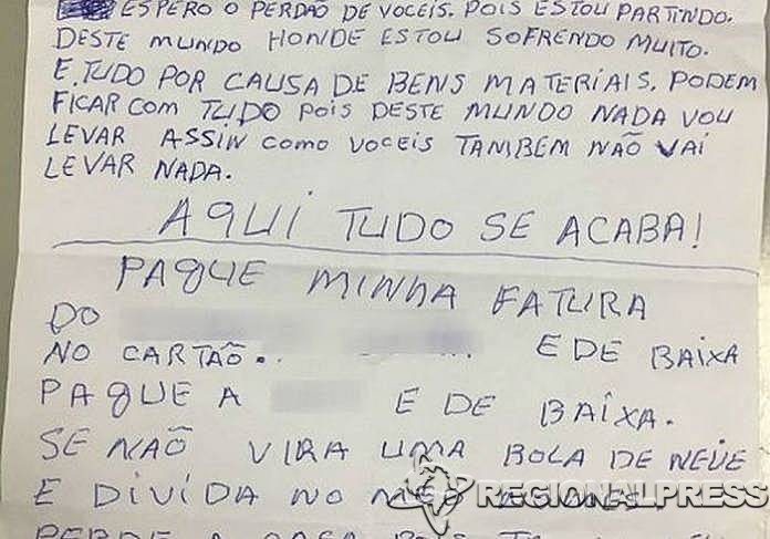 Carta escrita a mão deixada pelo aposentado Benedito de Oliveira, de 61 anos. foto: São Roque Noticias