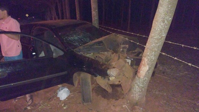 Idosa bateu o carro em árvore (Foto: Juliano Oliveira).