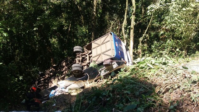 Micro-ônibus cai em ribanceira e deixa mortos e feridos na serra da Rodovia Oswaldo Cruz em Ubatuba, SP (Foto: Divulgação/ Corpo de Bombeiros).