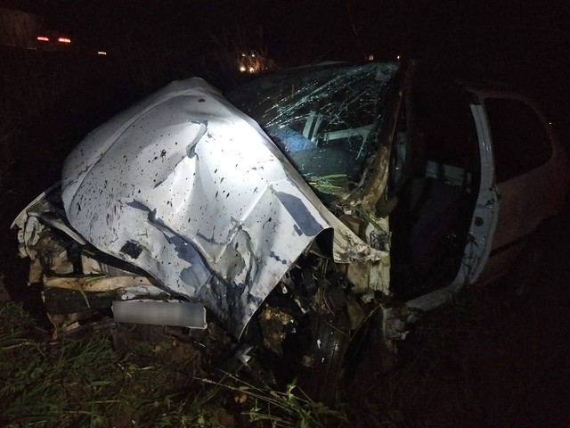 Carro do idoso bateu em um barranco na SP-294, em Adamantina (Foto: Polícia Militar Rodoviária/Cedida).
