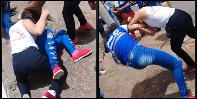 Briga foi motivada porque aluna de 13 anos (uniforme azul), enviou bilhete para namorado da de 14 (uniforme branco). Foto: Whats App/video