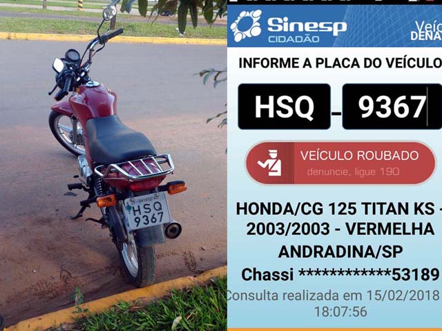 Motocicleta Titan 125cc, na cor vermelha, foi furtada em Andradina e localizada em Três Lagoas/MS, pelos bombeiros daquela cidade. Foto: DIVULGAÇÃO
