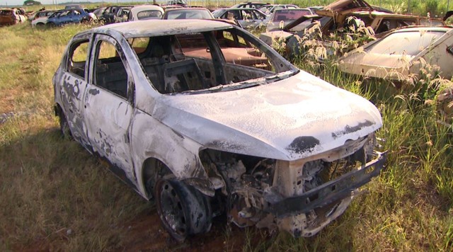 Carro foi achado completamente queimado às margens de rodovia em Ribeirão Preto, SP (Foto: Ronaldo Gomes/EPTV).