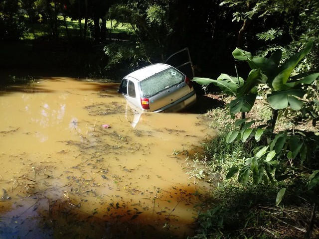 Carro caiu em lago após motorista ser baleado em Mogi Guaçu (Foto: Guarda Civil de Mogi Guaçu).