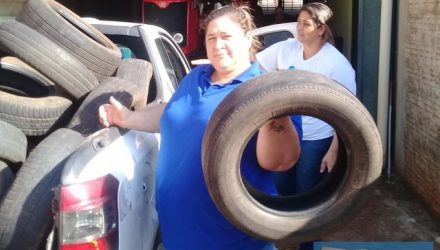 Coordenadora de vetores, Marcia Cristina Peres, durante a campanha de recolhimento de pneus usados. Foto: Assessoria de Comunicação
