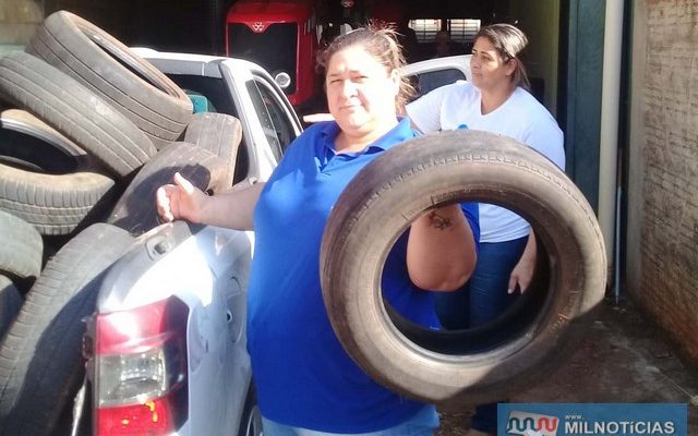Coordenadora de vetores, Marcia Cristina Peres, durante a campanha de recolhimento de pneus usados. Foto: Assessoria de Comunicação