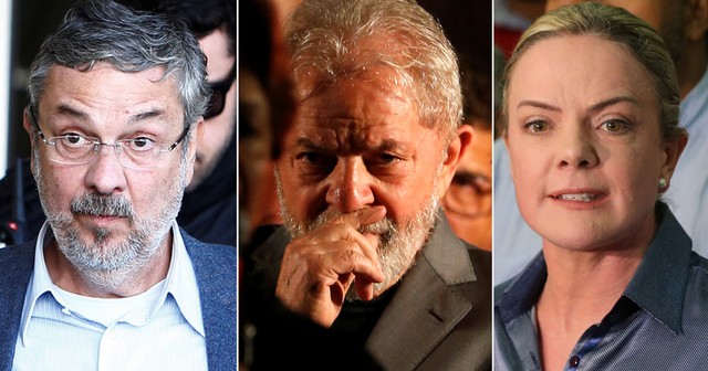 Da esq. para a dir., o ex-ministro Antonio Palocci, o ex-presidente Luiz Inácio Lula da Silva e a senador Gleisi Hoffmann. Arte: G1