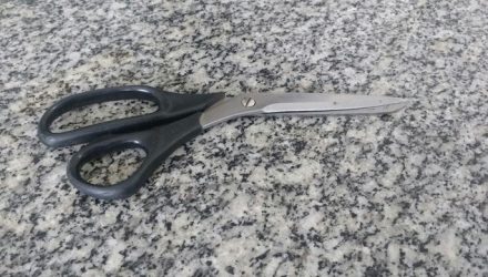 Tesoura usada pela mulher para tentar matar companheiro em Mogi das Cruzes foi apreendida pela polícia (Foto: Maiara Barbosa/G1).