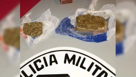 Foram apreendidos dois pequenos tabletes de maconha, que totalizaram 100 gramas. Foto:  DIVULGAÇÃO/PM