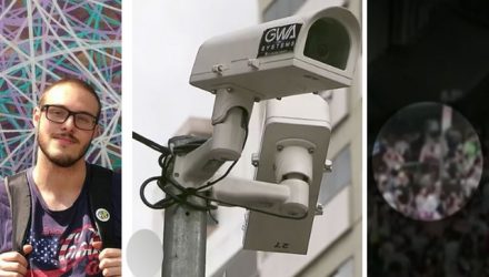 Lucas Lacerda (à esquerda), câmeras instaladas em poste suspeito de ter ficado energizado e gravação que mostra folião tomando choque após tocar em poste (Foto: Reprodução/Arquivo Pessoal/TV Globo).
