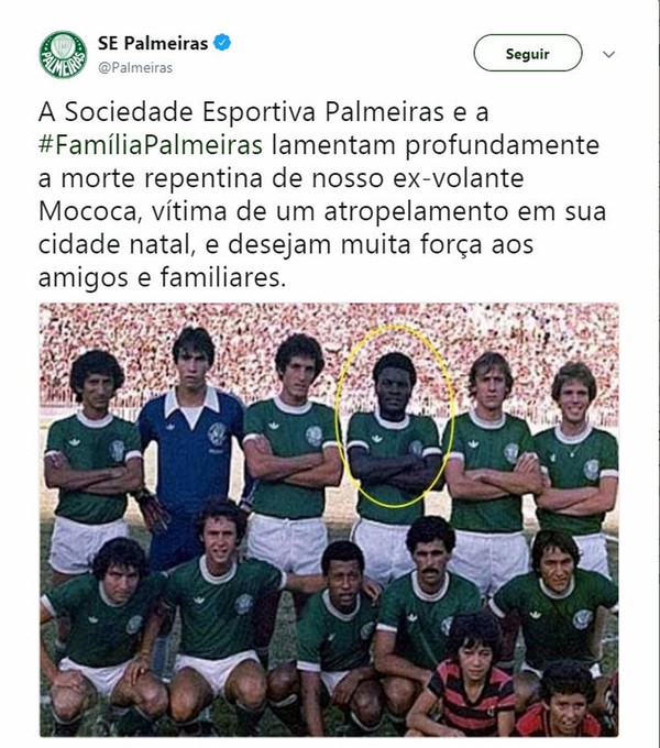 Palmeiras lamentou morte de Mococa nas redes sociais (Foto: Reprodução / Twitter).