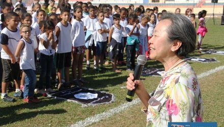 Prefeita Tamiko dá boas vindas aos atletas e declara aberto o XI CAEMA. Foto: Secom/Prefeitura