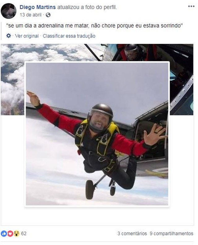 Paraquedista que morreu em rodovia postou frase em perfil meses antes de acidente (Foto: Reprodução/Facebook).