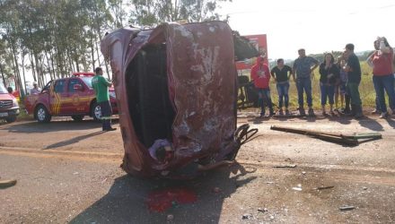 Motorista de caminhonete carregada de abacaxi morreu após bater em caminhão, na BR-163. — Foto: Cido Costa / Site Dourados Agora.