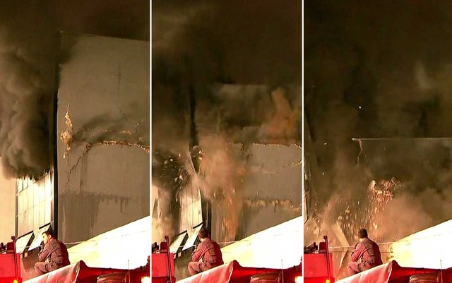 Sequência mostra quando parte de prédio no Centro de SP desaba após incêndio — Foto: Reprodução / TV Globo.
