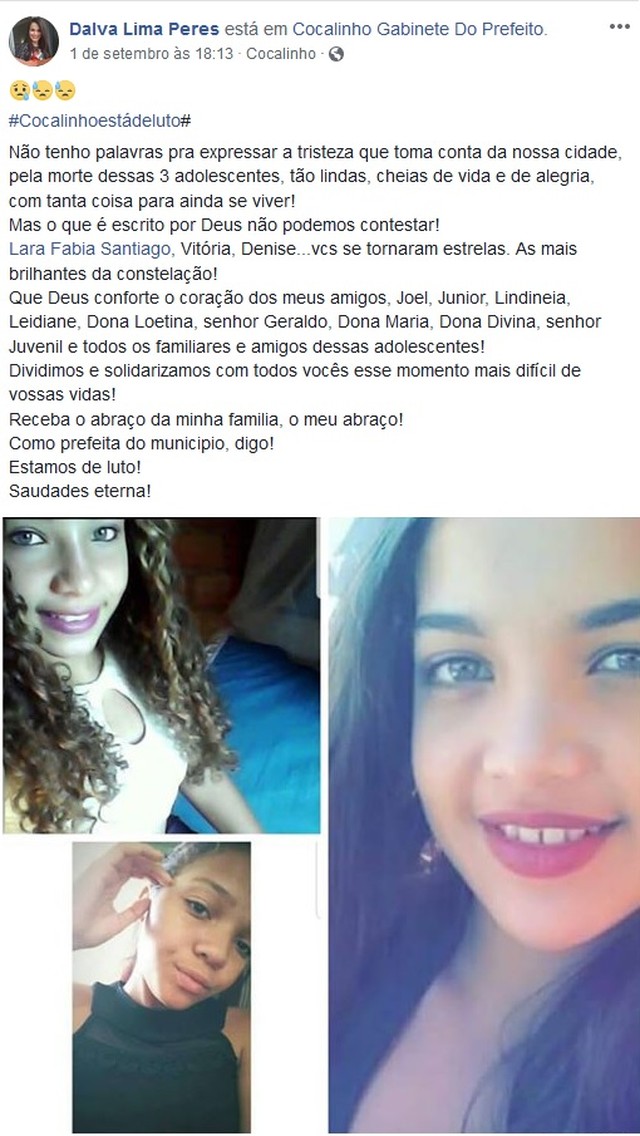 Prefeita de Cocalinho Dalva Lima Peres usa Facebook para lamentar morte de três adolescentes (Foto: Facebook/Reprodução).