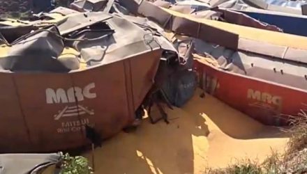 No descarrilamento em Aparecida do Taboado (MS), na manhã deste sábado (13), 24 vagões, carregados com milho saíram dos trilhios — Foto: Cabo Gomes Neto/Arquivo Pessoal