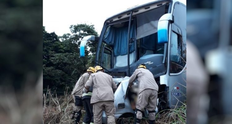 Carro bateu de frente contra ônibus na BR-020, em Formosa, Goiás — Foto: Divulgação/Corpo de Bombeiros.