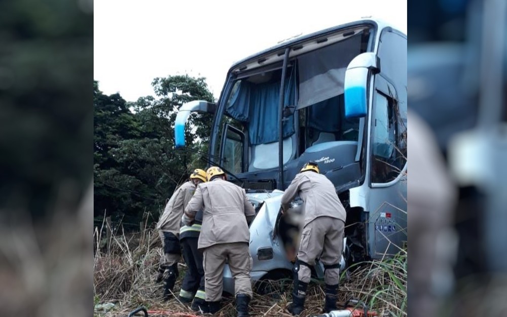 Carro bateu de frente contra ônibus na BR-020, em Formosa, Goiás — Foto: Divulgação/Corpo de Bombeiros.
