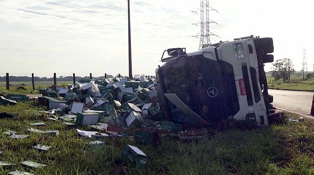Caminhão carregado com papel tombou em rodovia em Pereira Barreto — Foto: Reprodução/TV TEM
