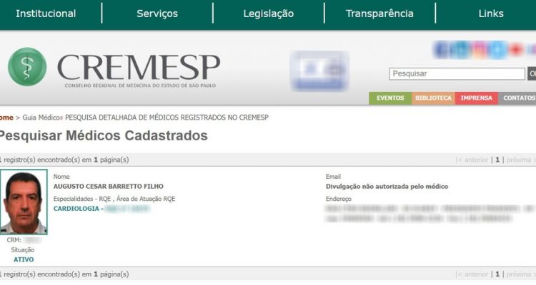 Registro de Augusto César Barretto Filho no Conselho Regional de Medicina do Estado de São Paulo (Cremesp) — Foto: Reprodução