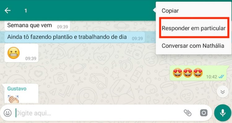 Função "responder em particular", do WhatsApp — Foto: Reprodução.