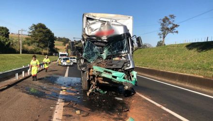 Motorista do caminhão-baú ficou preso nas ferragens e foi socorrido com ferimentos leves — Foto: Polícia Rodoviária/Divulgação