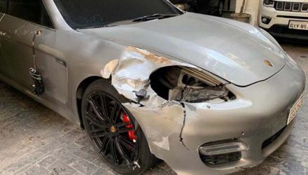 Porsche dirigido por motorista que supostamente atropelou, não parou para prestar socorro e matou a diarista Audenilce Bernardina dos Santos, de 65 anos, nesta sexta-feira (26) — Foto: Divulgação/Polícia Civil.