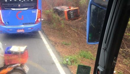 Motorista de ônibus perde controle do veículo e tomba para fora da rodovia BR-135, em Redenção do Gurgueia, no Piauí — Foto: Reprodução.