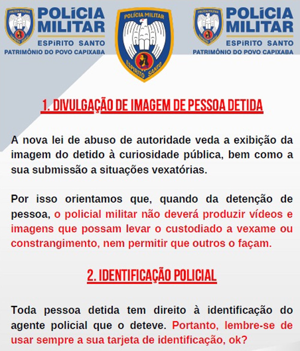 PM do Espírito Santo faz cartilha 'lembrando' policiais de usar a identificação profissional e para não divulgarem imagens de pressos — Foto: Reprodução