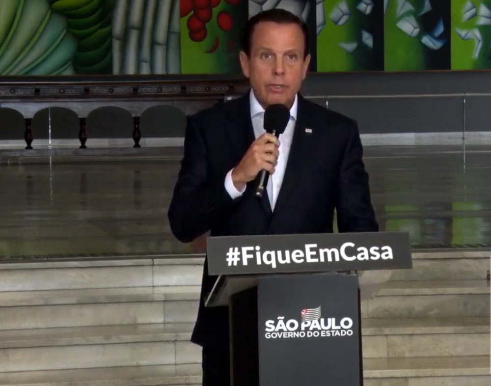 Governador de São Paulo, João Doria, em coletiva da imprensa sobre o coronavÃrus nesta segunda-feira (6) — Foto: Reprodução/Governo de São Paulo