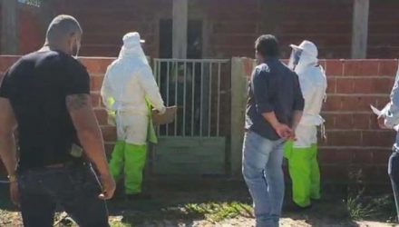 Agentes de saúde, policiais e autoridades municipais vão até casa de mulher infectada com covid-19 em Ponta Porã (MS) para entregar Boletim de Ocorrência — Foto: Secretaria de Saúde/Ponta Porã.