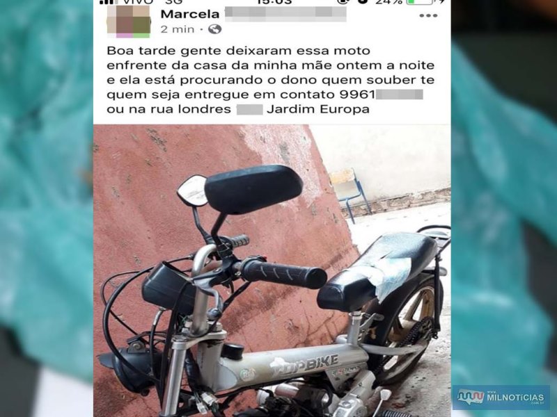 Parente da mulher que localizou a bicicleta motorizada abandonada, também postou em rede social sua localização. Foto: Facebook/Reprodução