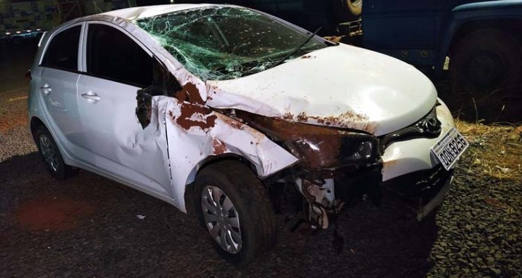 Veículo Hyundai HB20 ficou bastante destruído após atropelar o cachorro e capotar na rodovia Integração. Foto: MANOEL MESSIAS/Agência