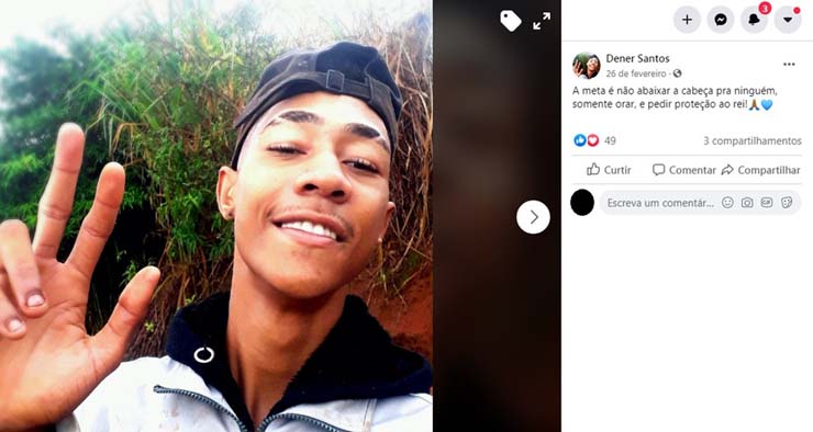 Dener dos Santos Paulino morreu neste sábado (27) após levar uma facada no peito — Foto: Facebook/Reprodução.
