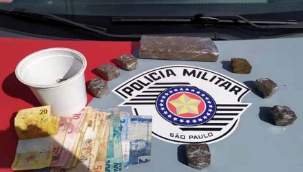 Foram apreendidas um total de 594 gramas de maconha, R$ 666,00 em notas diversas, R$ 36,95 em moedas e um telefone celular. Foto: DIVULGAÇÃO/PM