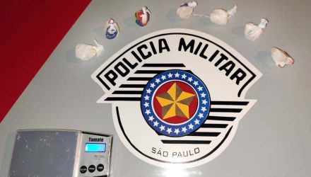 Foram apreendidos 14 pedras de crack, duas porções de cocaína, R$ 58,00 em dinheiro, além de um telefone celular da marca Samsung. Foto: DIVULGAÇÃO/PM