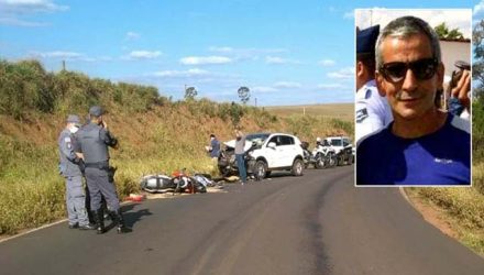 O policial civil Claudinei Moio da Cunha (no detalhe), que estava na moto, não resistiu aos ferimentos após o choque frontal — Foto: Arquivo pessoal