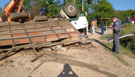Um homem de 59 anos morreu depois que um caminhão carregado com bois tombou na estrada vicinal. Foto: DIVULGAÇÃO