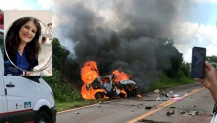 Carro de professora pegando fogo após batida em rodovia de Jales — Foto: Arquivo pessoal