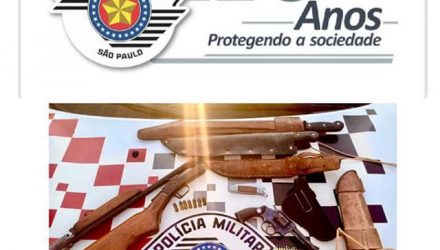 Foram apreendidos uma espingarda calibre 28, um revólver calibre .22, além de munições. Foto: PM/Divulgação