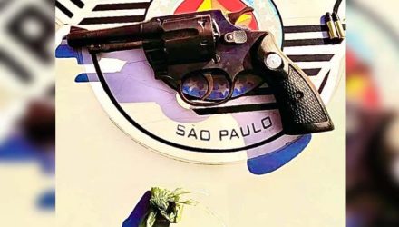 Foram apreendidos um revólver calibre .22, com duas munições e uma porção de maconha (Cannabis Sativa). Foto: PM/Divulgação