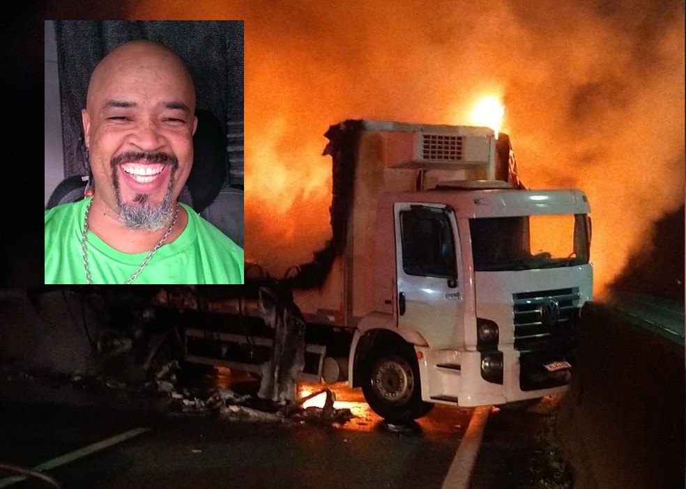 Luiz Carlos De Souza Paz morreu após acidente com a carreta que dirigia na rodovia Anchieta, na região de Cubatão. Foto divulgação G1 e Artesp