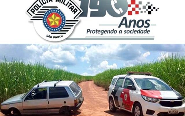 Fiat Uno foi localizado sem as 4 rodas, bateria, carburador, reservatório de água. Foto: PM/Divulgação