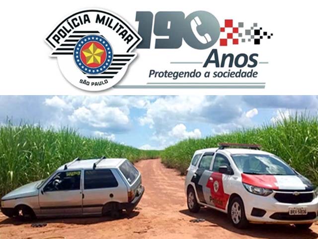 Fiat Uno foi localizado sem as 4 rodas, bateria, carburador, reservatório de água. Foto: PM/Divulgação