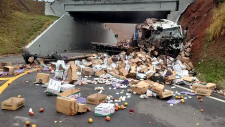 Caminhão cai de viaduto na da Rodovia Engenheiro João Baptista Cabral Rennó e deixa carga espalhada pela pista — Foto: Doni de Oliveira/IBTV