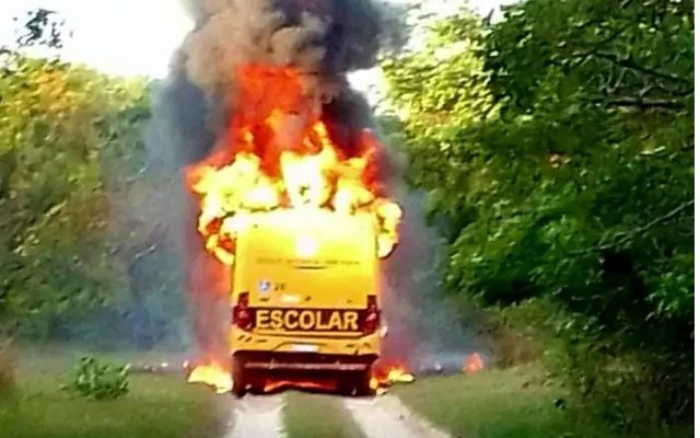 Ônibus pegou fogo em estrada rural de Brasilândia (MS). (Reprodução)