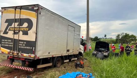 Caminhão atingiu lateral de carro na BR-153 em Nova Granada (SP) — Foto: Rogério Pedrozo/TV TEM